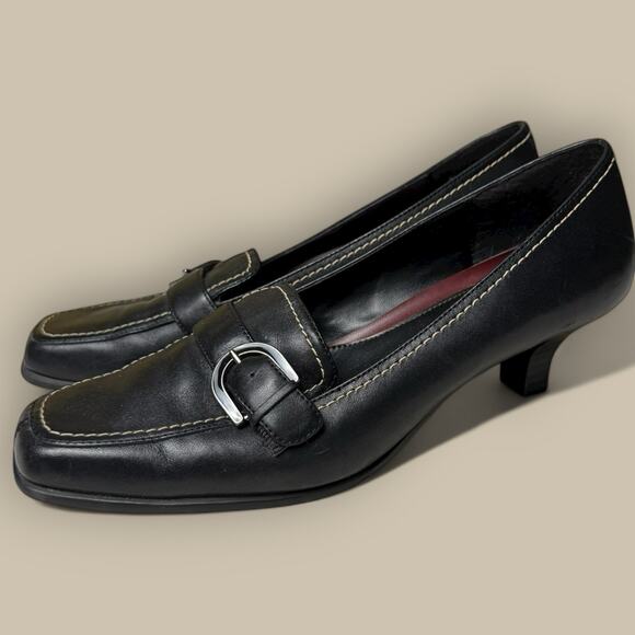 Vtg Chunky Heels Black Leather Y2K Square Toe Loafers Academia Preppy Retro Sz 7 - Picture 1 of 4